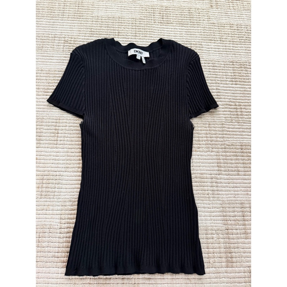 DKNY Womens Black Ribbed Short Sleeve Crew Neck Knit Sweater Top P5HSAQ86